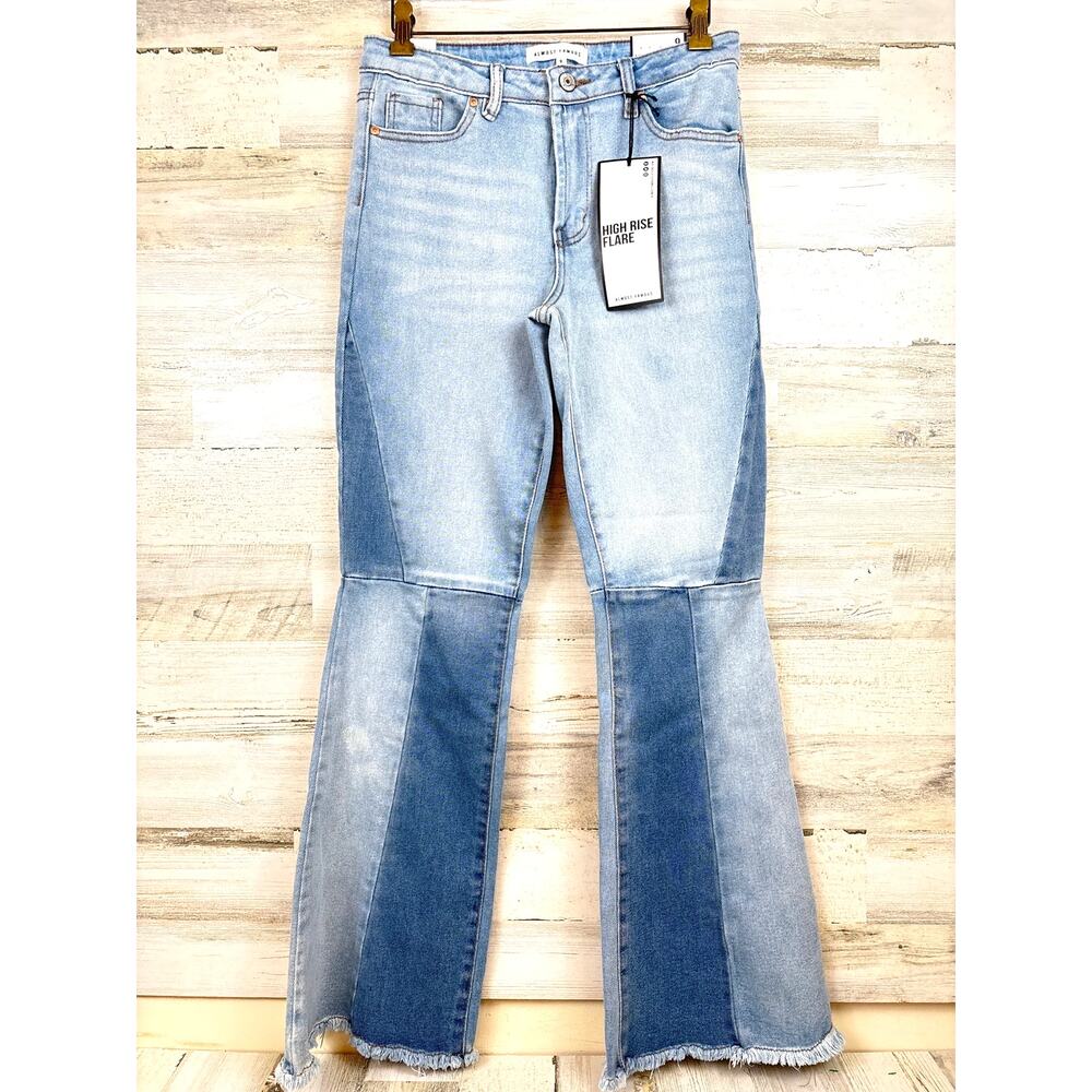 Almost Famous Womens 9 High Rise Flare Jeans Patchwork Light Wash Boho Denim NWT